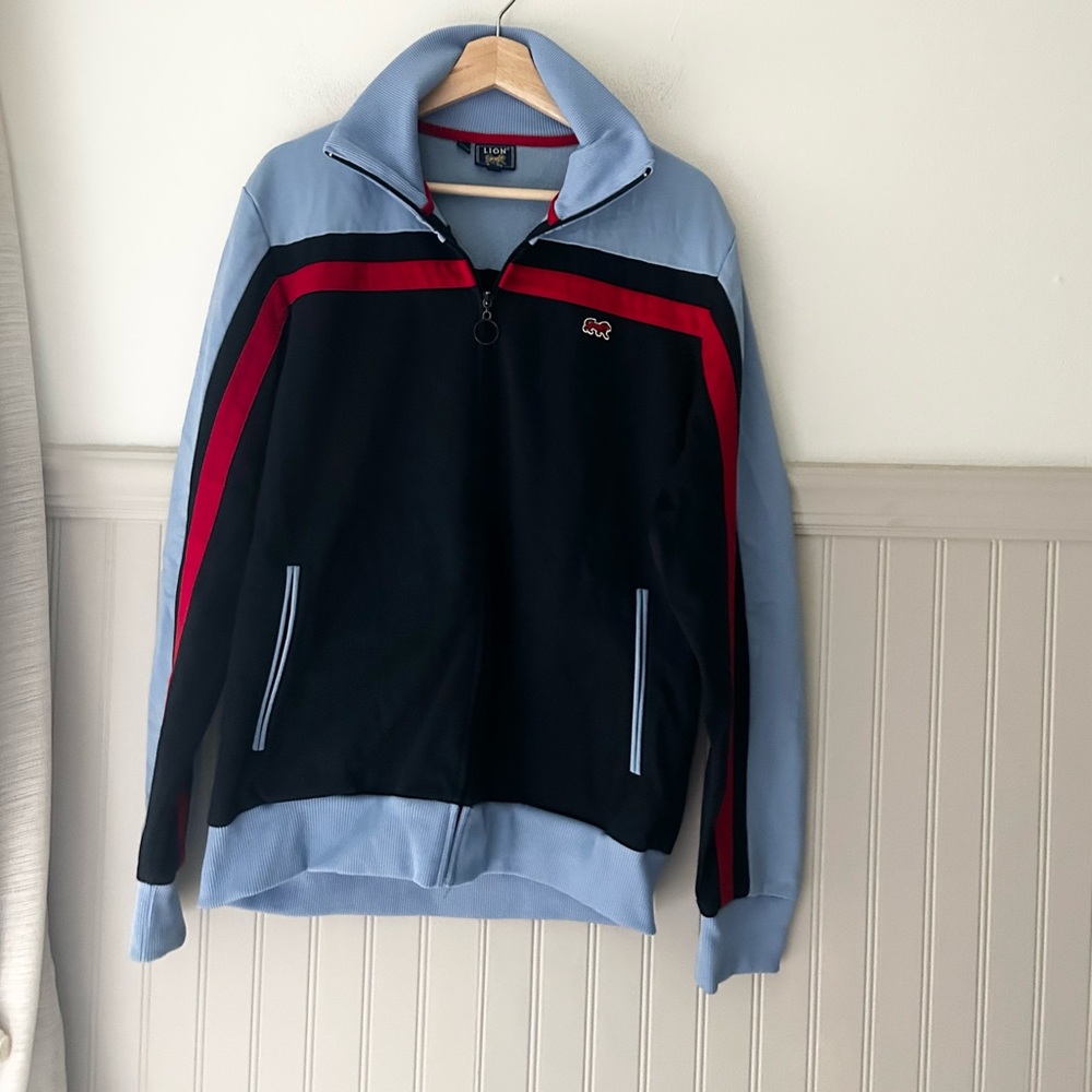 Y2K Lion Brand Men’s Large Blue Zip-Up Sweater Red Blue Stripe Pockets